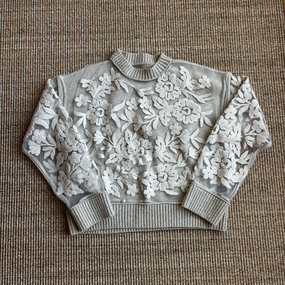 🌸 Sheer Floral Embroidered Overlay Sweater Top | Size Medium | Cream/Beige